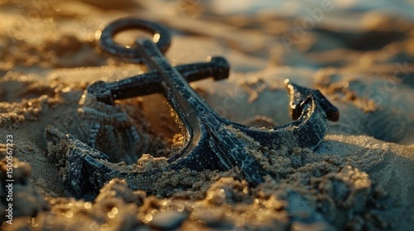 Fototapeta A weathered anchor partially buried in sand, evoking maritime themes and nostalgia.