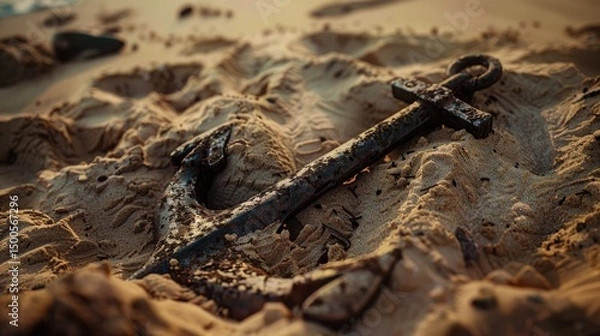 Fototapeta A weathered anchor rests on sandy beach, symbolizing maritime history and adventure.