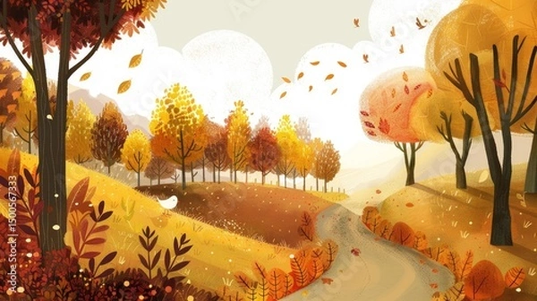 Fototapeta A serene autumn landscape featuring colorful trees and a winding path.