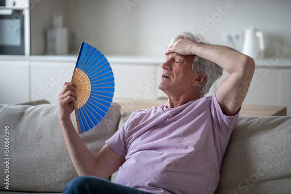 Fototapeta Exhausted annoyed elderly man fanning himself at home, drenched in sweat. No air conditioning, hard to breathe, suffocating, scorching weather, heart strain, heatwave discomfort, intense summer heat