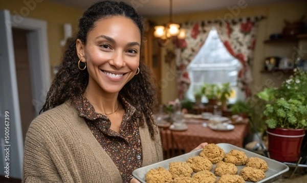 Obraz Smiling baker holds cookies in her kitchen