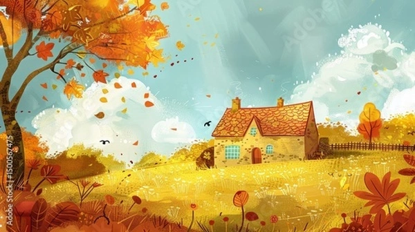 Fototapeta A serene autumn landscape featuring a cozy cottage surrounded by colorful foliage.