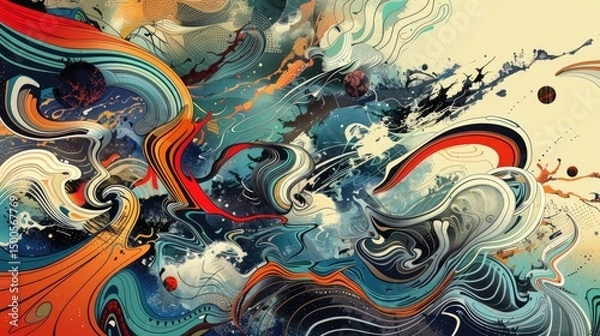 Fototapeta A vibrant abstract composition featuring swirling colors and cosmic elements.