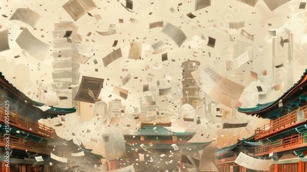 Fototapeta A serene scene of traditional architecture amidst a flurry of flying papers.