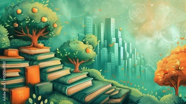 Fototapeta A whimsical landscape featuring oversized books, trees, and a futuristic city skyline.