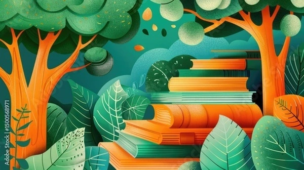 Fototapeta A vibrant illustration of stacked books surrounded by lush trees and foliage.