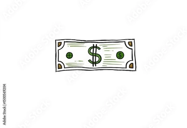 Obraz Hand-drawn vector illustration of a dollar bill icon, isolated on white background,   American dollar,  doodle