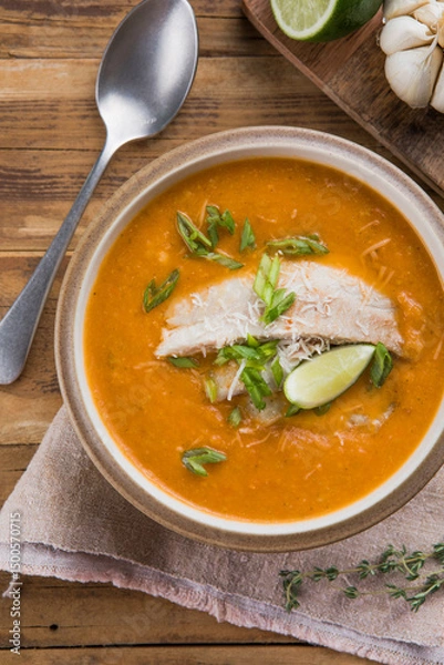 Obraz Tomato Bisque Soup with Cream and Fish