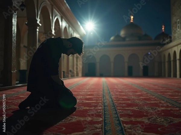 Fototapeta A solitary individual kneels in an empty mosque under dim lighting, deeply immersed in prayer for Ashura, reflecting devotion and peace.