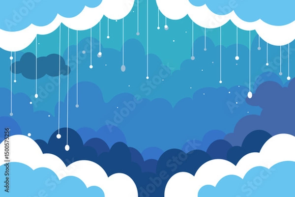 Obraz Horizontal background with clouds and strings of drops, rain in blue colors. Environment, illustration of cloudy sky. Flat design.
