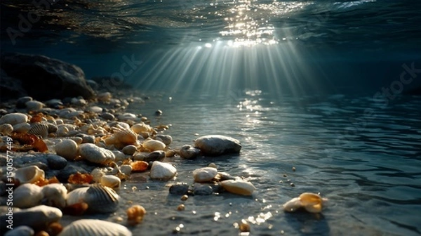 Obraz Submerged beach rocks sunlit waves shells