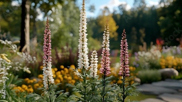 Fototapeta Vibrant flower garden with tall, slender, colorful blooms in a park setting