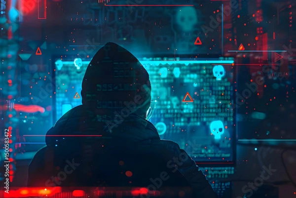 Fototapeta shadowy hacker figure behind monitor, cyber attack