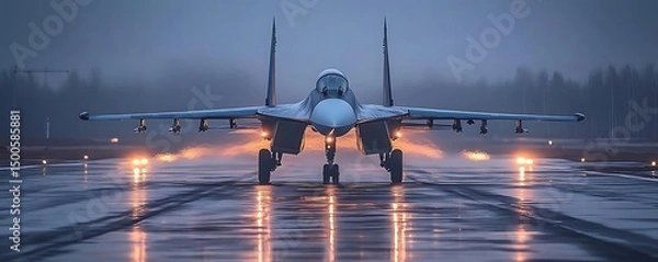 Obraz Fighter jet taxiing, foggy dawn (1)