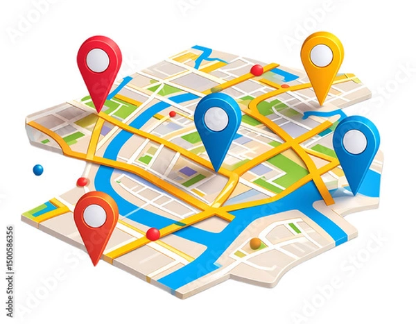 Obraz 3D Vector Map with Location Pins Modern Navigation Design