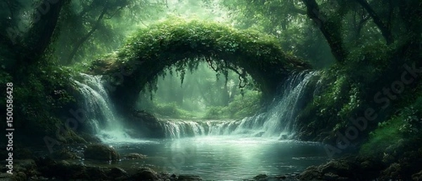 Obraz Lush jungle waterfall arch. Mystical scene
