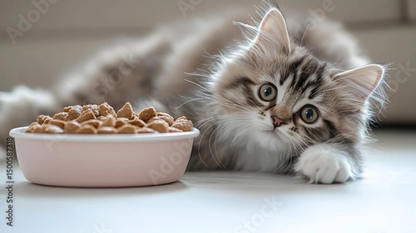 Fototapeta A cute fluffy kitten stretches playfully near a pastel pink full food bowl with delicious kibble, ready to eat a delightful meal in a brightly lit room indoors.