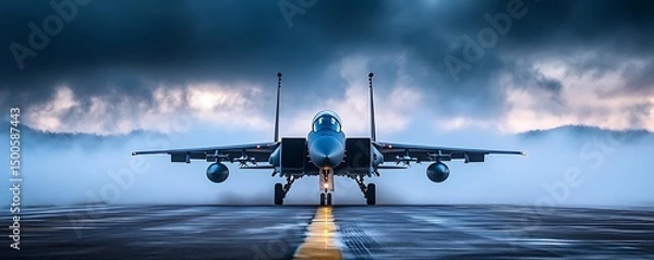 Obraz Fighter jet taxiing, foggy dawn