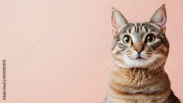 Fototapeta Tabby cat portrait with a curious expression against a soft pastel background offe space for pet food promotions and advertising text placement carefully.