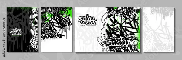 Fototapeta Modern graffiti art poster or flyer design with tags, throw up. Hand-drawn abstract graffiti illustration vector template with spray painted effects