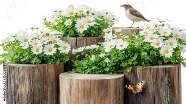 Fototapeta Serene daisies bird and butterfly on rustic wooden stumps enchanting harmony natural beauty