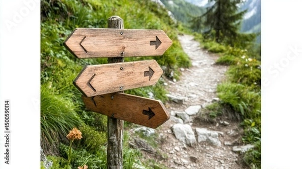 Fototapeta Wooden directional signs on a hiking trail in a lush mountain landscape.  Three signs point in different directions