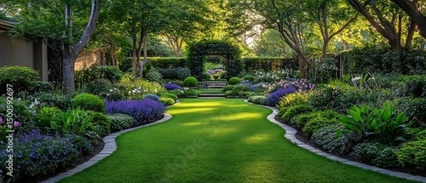 Obraz Lush garden path, tranquil scene