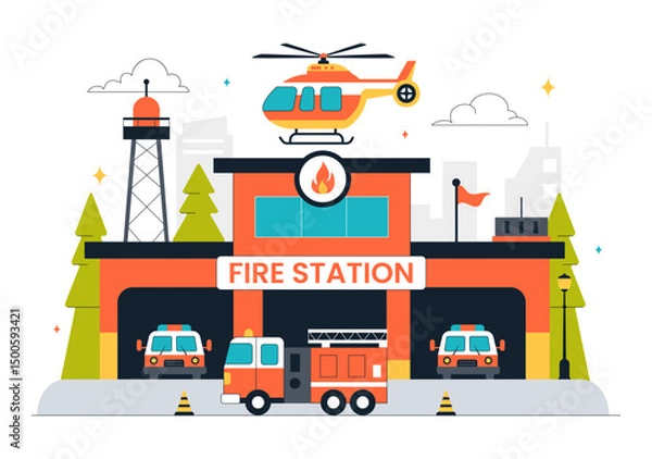 Obraz Fire Station Building Vector Illustration Featuring a Department and Fire Engine Car with Firefighters in a Flat Style Cartoon Background