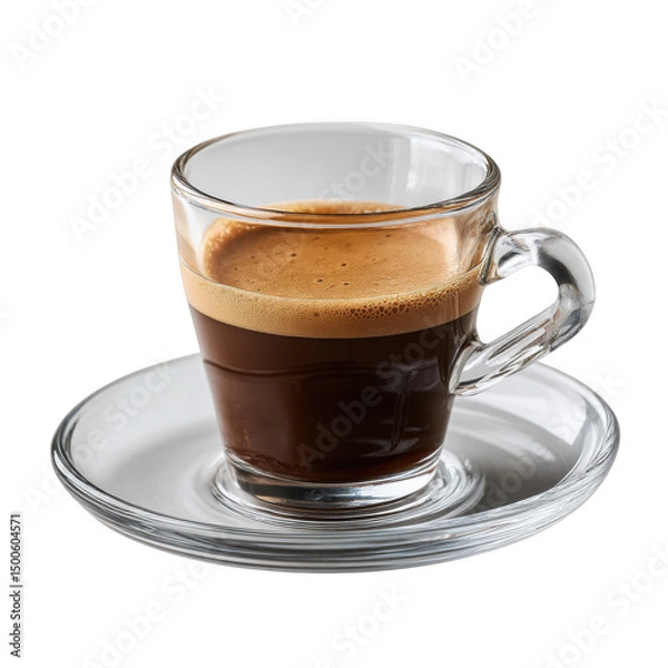 Fototapeta Close up shot of espresso in a clear glass cup with a handle on a clear glass saucer on transparent background