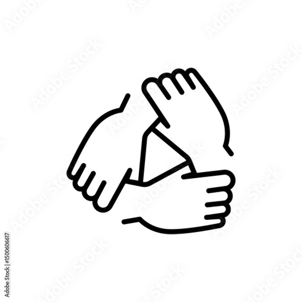Fototapeta Three hands support each other line icon. Simple outline style. Team, hand, work together, partnership, group, help, concept of teamwork.