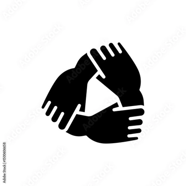 Fototapeta Three hands support each other glyph icon. Simple solid style. Team, hand, work together, partnership, group, help, concept of teamwork.