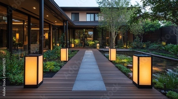 Fototapeta A serene, modern courtyard with wooden walkway, glowing lanterns, lush greenery, and a tranquil water feature near a contemporary house.