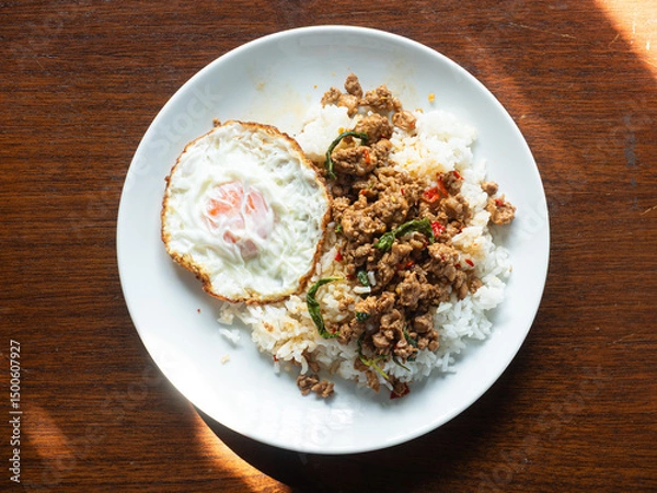 Fototapeta top view dish of Thai Pad Kaprao, spicy stir fried minced pork with holy basil leaves, served with rice and sunny side up