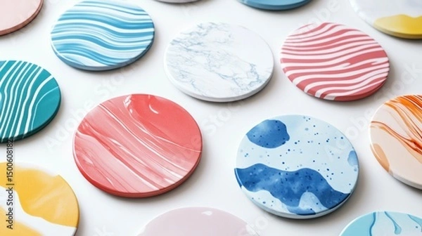 Fototapeta Assortment of colorful abstract patterned drink coasters with marbled and swirl designs