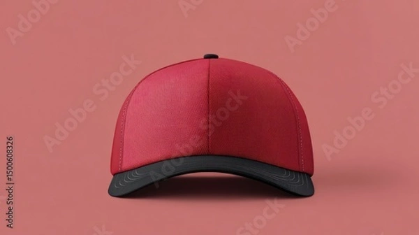 Fototapeta Front view of a vibrant red baseball cap with a black visor against a pink background