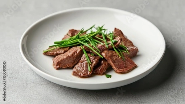 Fototapeta Sliced beef served with green onions on a white plate prepared for a gourmet meal