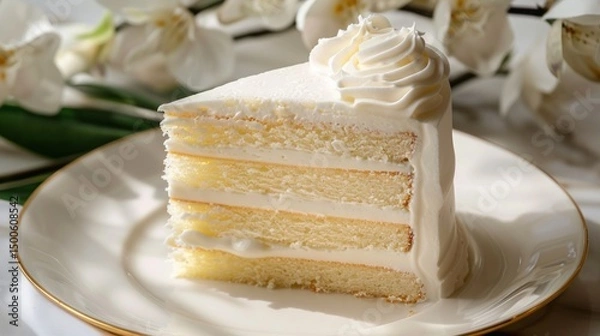 Fototapeta Delicious slice of layered vanilla cake with whipped cream on a white porcelain plate