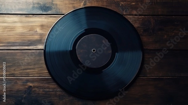 Fototapeta Vinyl record centered on a rustic wooden surface creating a nostalgic and vintage feel