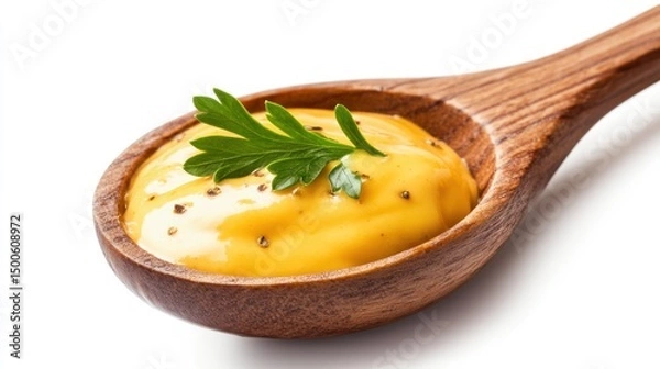 Fototapeta Delicious mustard sauce in a wooden spoon with a fresh parsley garnish close up.