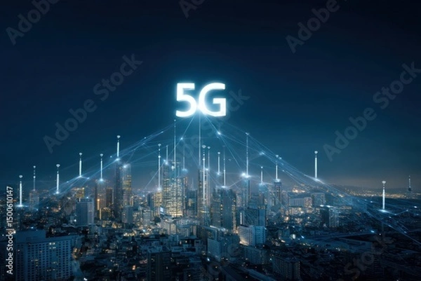 Fototapeta Real-time connectivity in a 5G-powered city with smart devices enhancing urban living experiences.