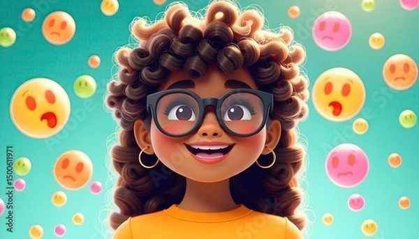 Fototapeta Happy avatar surrounded by virtual friend bubbles, mint tones