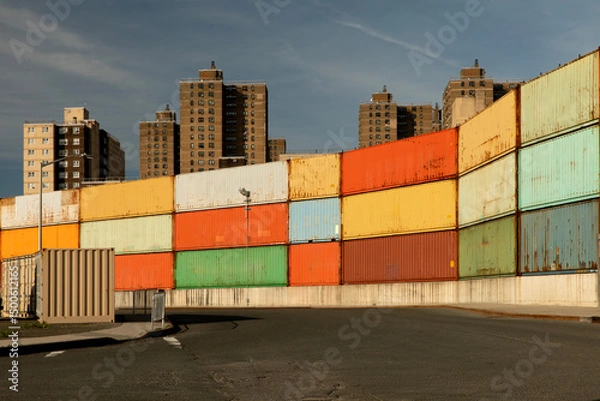 Fototapeta Cargo containers stacked in front of residential buildings in Brooklyn New York