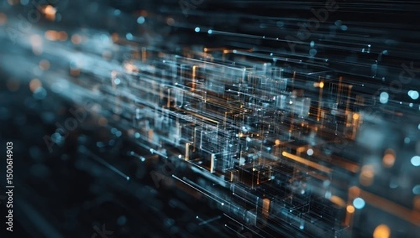 Obraz 3D digital data representing the flow of innovation in technology, displayed in an interactive manner.