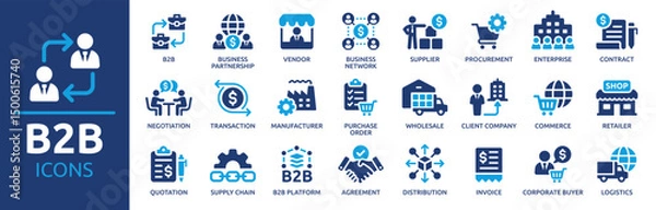 Fototapeta B2B icon set. Business to business, supplier, commerce, vendor, enterprise, partnership, manufacturer, purchase order, supply chain, transaction, quotation and more. Solid vector icons collection.