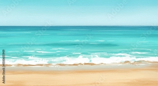 Fototapeta Watercolor Beach Illustration Depicting Ocean Waves and Sandy Shore Under Azure Sky