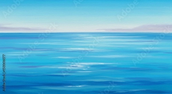 Fototapeta Watercolor Illustration Of Blue Ocean With Horizon Sky And Soft Waves