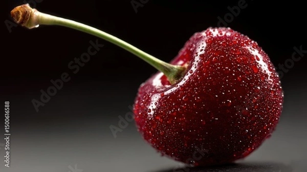 Fototapeta Freshly picked cherry glistening with water droplets on a dark background showcasing vibrant color and natural texture, ideal for food and beverage photography