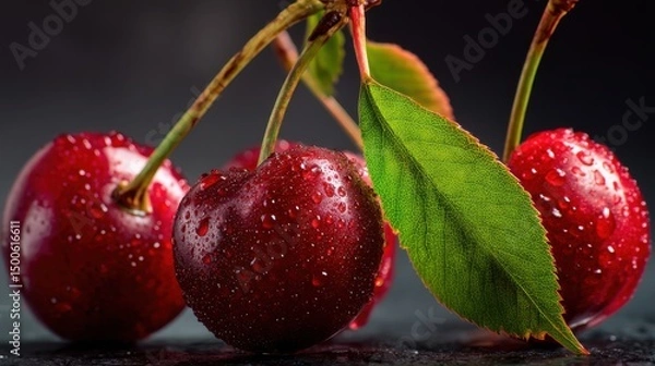Fototapeta Fresh Red Cherries with Water Droplets and Green Leaves on Dark Background for Culinary and Healthy Lifestyle Concepts