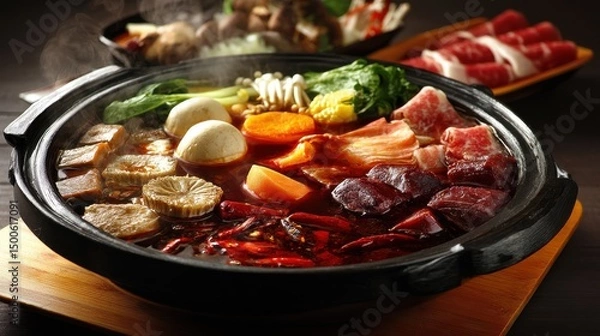 Fototapeta Delicious hot pot with assorted meats, vegetables, and spices, served steaming in a traditional pot perfect for culinary enjoyment and sharing moments