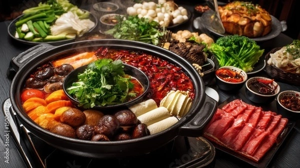 Fototapeta Hot pot featuring an array of fresh ingredients like vegetables, meats, and herbs in a steaming broth for a cozy dining experience with friends and family